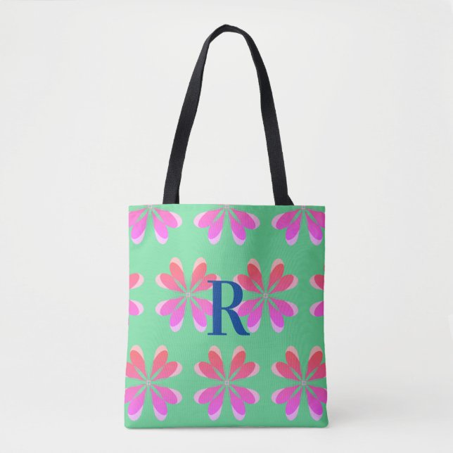 Bolsa Tote Monograma retro verde-floral rosa (Frente)