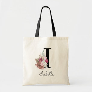 Bolsa Tote Monograma Rosa Boho Feminino Floral Inicial I