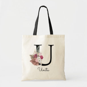 Bolsa Tote Monograma Rosa Boho Floral Feminina Inicial U