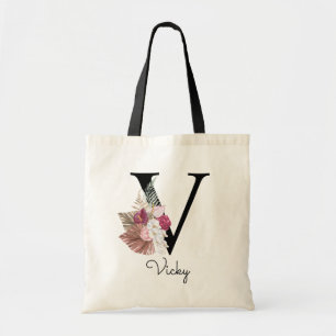 Bolsa Tote Monograma Rosa Boho Girly Floral Inicial V