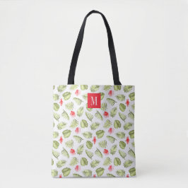 Bolsa Tote Monograma Rosa Elegante Folhas de Palmeira verdes