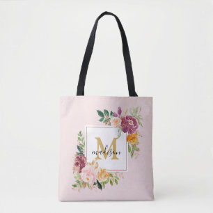 Bolsa Tote Monograma Rosa Floral Botânica Elegante em Aquarel