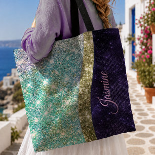 Bolsa Tote Monograma roxo azul iridescente chique falso brilh