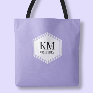 Bolsa Tote Monograma Roxo Simples Nome Personalizado Moderno
