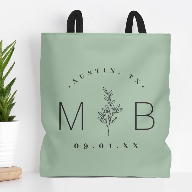 Bolsa Tote Monograma Rustic Floral Stem Wedding | Sage (Criador carregado)