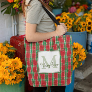 Bolsa Tote Monograma Rústico de Natal Xadrez Vermelho de Féri