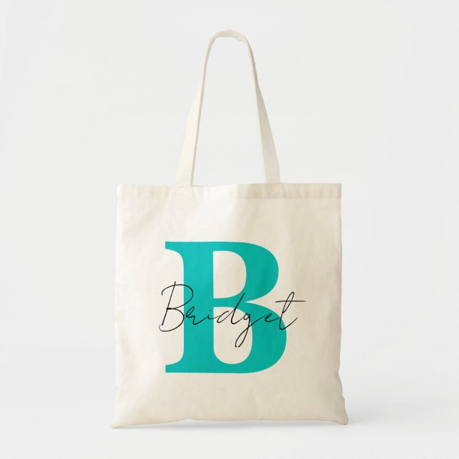 Bolsa Tote Monograma Simples e Caligrafia Moderna Nome (Frente)