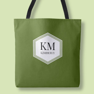 Bolsa Tote Monograma Simples Verde  Nome Personalizado Modern