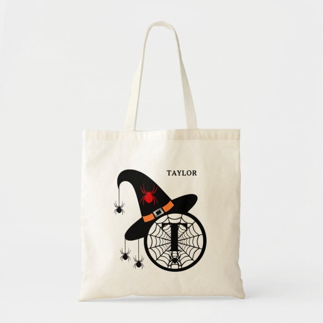 Bolsa Tote Monograma T Halloween Bruxas Aranha Seu Nome (Frente)