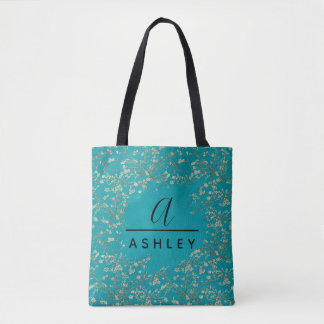 Bolsa Tote Monograma Teal Flor de Amendoeira de Van Gogh