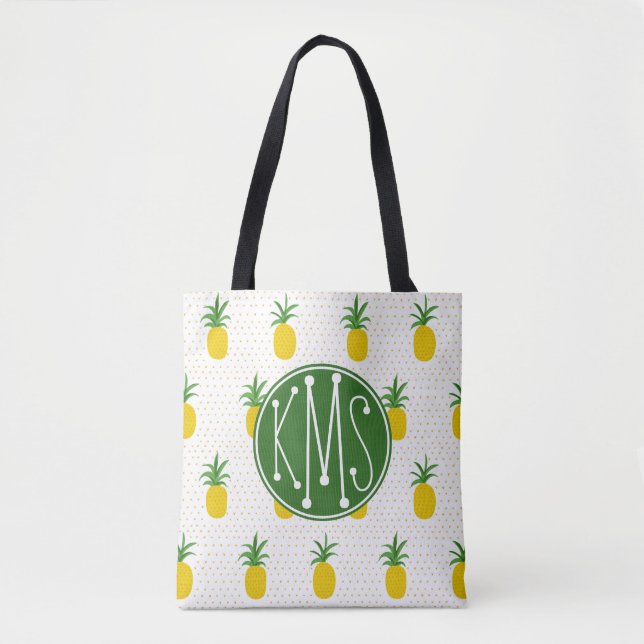 Bolsa Tote Monograma tropical dourado dos abacaxis | (Frente)