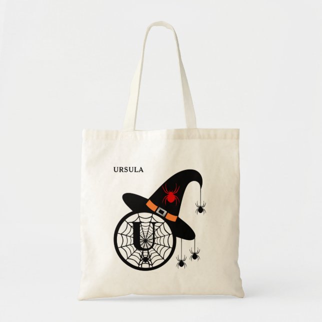 Bolsa Tote Monograma U Halloween Bruxas Aranha Seu Nome (Frente)