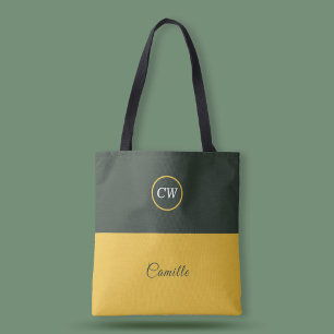 Bolsa Tote Monograma Verde de Duas Tonalidades Douradas e Flo