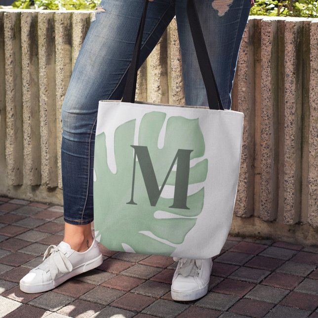 Bolsa Tote Monograma Verde - Folha de Palma Tropical Personal (Tropical Palm Leaf Monogram Tote Bag.)