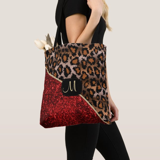 Bolsa Tote Monograma - vermelho e teste padrão do leopardo (Close Up)