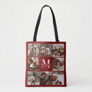 Bolsa Tote Monograma Vermelho Moderno e Colagem de Fotos Pers