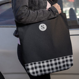 Bolsa Tote Monograma Xadrez Branca Negra Gingham Scottish