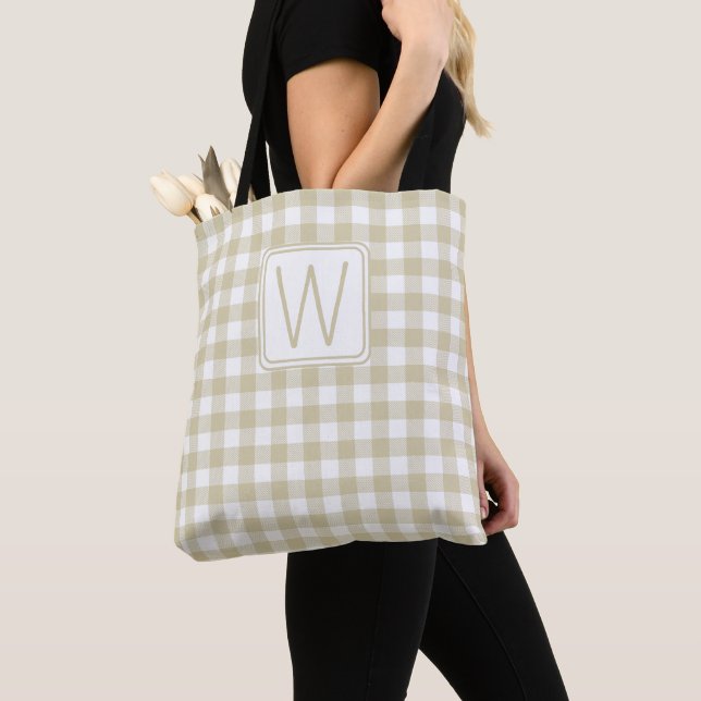 Bolsa Tote Monograma Xadrez Gingham Bege e Branco (Close Up)