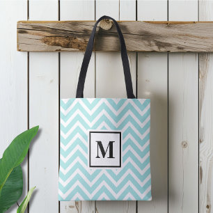 Bolsa Tote Monogramado Azul e Branco Chevron