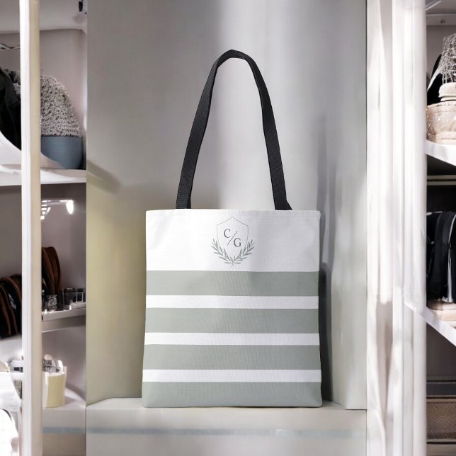 Bolsa Tote Monogramas Crest e Sage Green Stripes (Criador carregado)