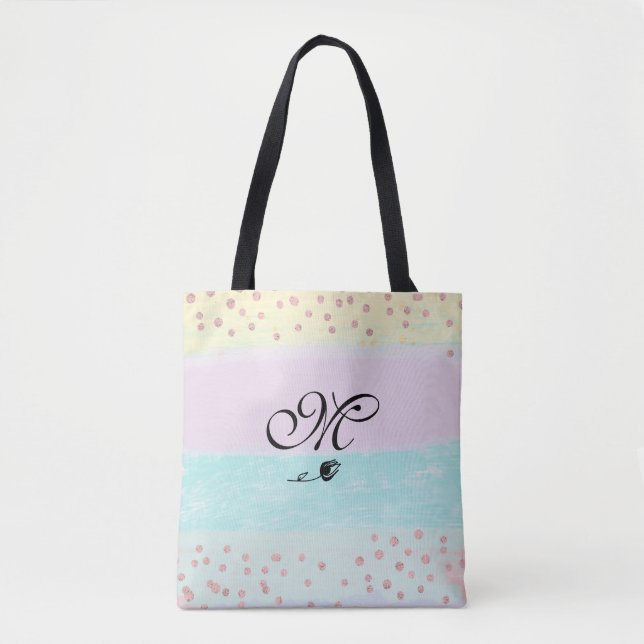 Bolsa Tote *~* Monogramas Doodle Tulip Dourado Glitter Pastel (Frente)