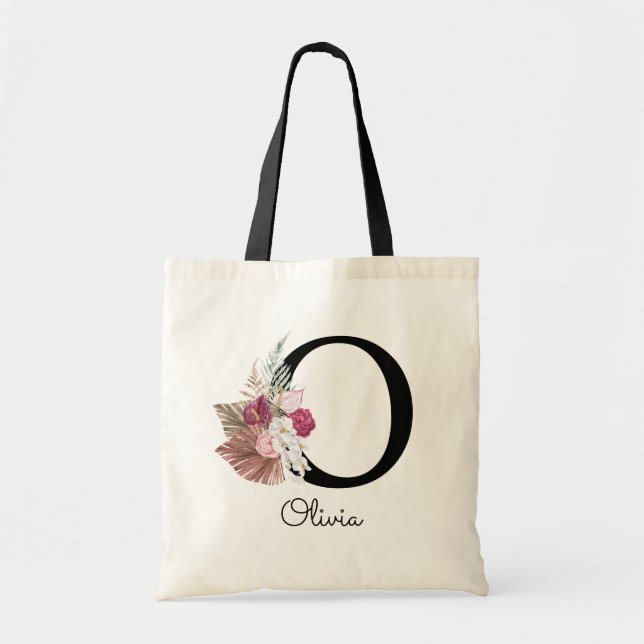 Bolsa Tote Monogramas Rosa Boho Girly Floral Inicial O (Frente)