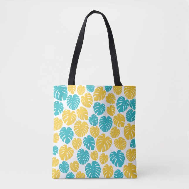 Bolsa Tote Monstera deixa em turquesa, amarelo e branco (Frente)