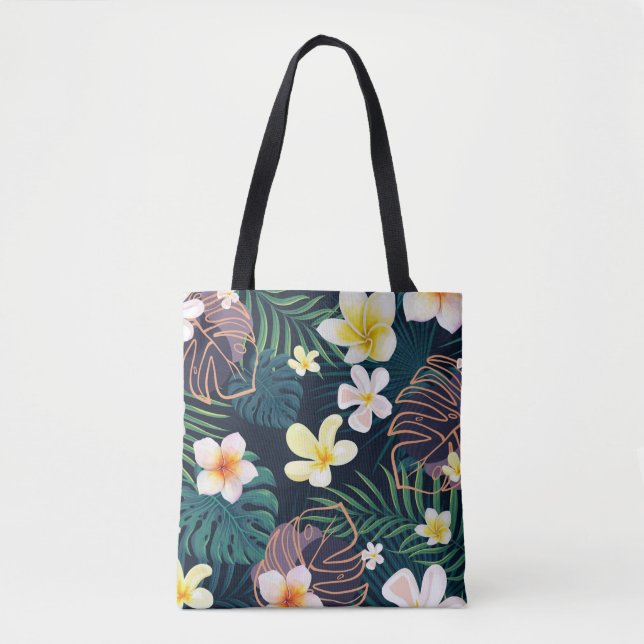 Bolsa Tote Monstera tropical deixa flores de plumeria (Frente)