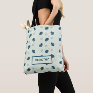 Bolsa Tote Monstera tropical deixa monograma em azul