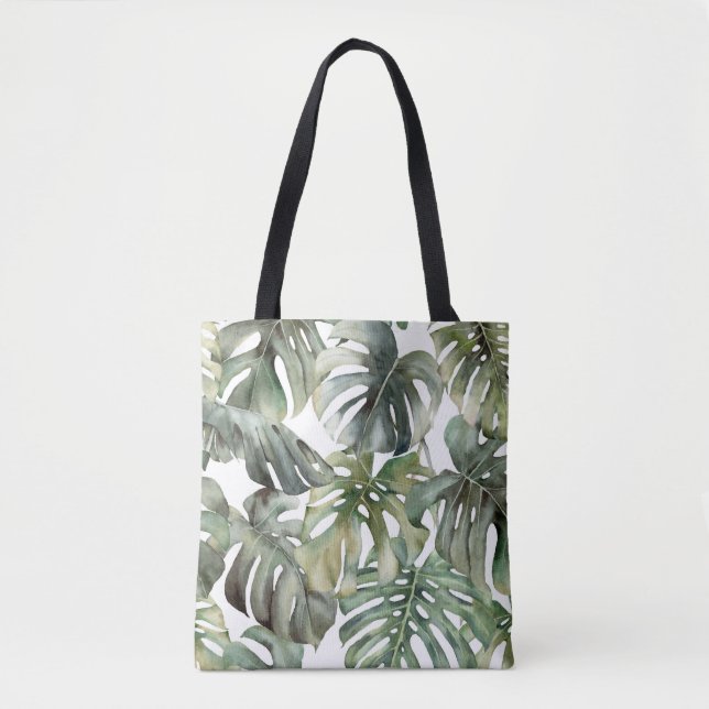 Bolsa Tote Monstera Tropical Grande Padrão de Aquarela (Frente)
