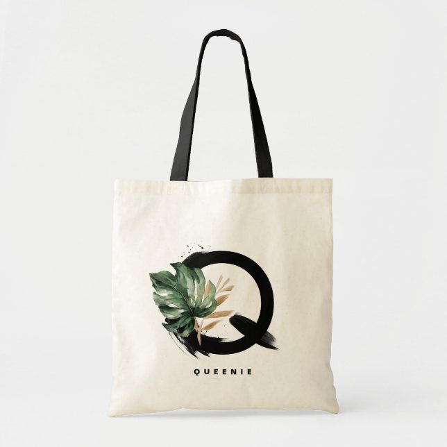 Bolsa Tote Monstera Tropical - Letra Q Monograma Bridesmaid (Frente)