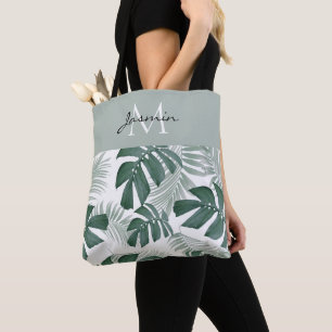 Bolsa Tote Monstera Verde Moderna Com Cor De Água Deixa Monog
