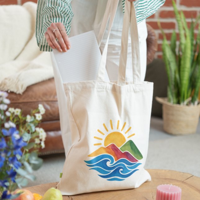 Bolsa Tote Montanha Ondas Sol Natureza (Criador carregado)