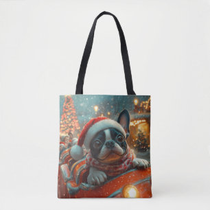 Bolsa Tote Montanha-Russa de Cachorro Boston Terrier no Natal