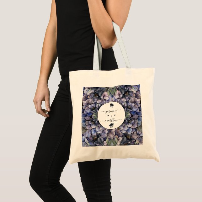 Bolsa Tote Moody Black Floral Classic Couple Names Wedding (Frente (produto))