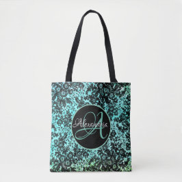 Bolsa Tote Moody Black Floral no Turquoise Monogramo