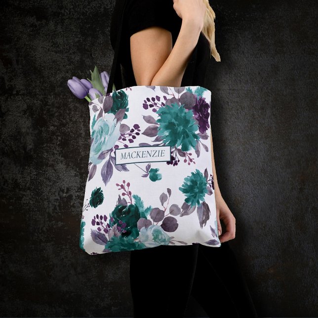 Bolsa Tote Moody Boho | Teal Turquoise Floral Bridal Party (Criador carregado)