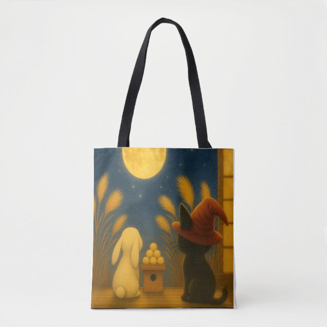 Bolsa Tote Moon Viewing Night – Black Cat and Rabbit under th (Frente)