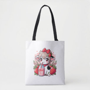 Bolsa Tote Morango Vaca Kawaii Anime Morango Leite _6