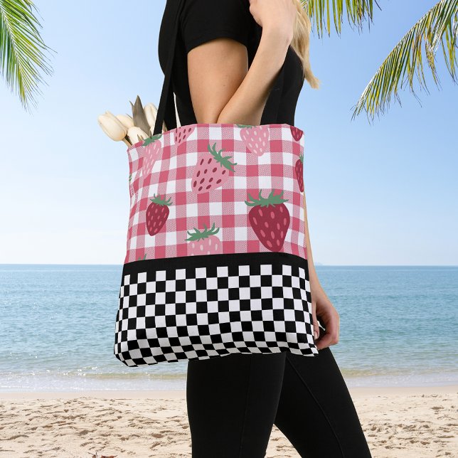 Bolsa Tote Morangos Caprichosos e Xadrez  (Criador carregado)