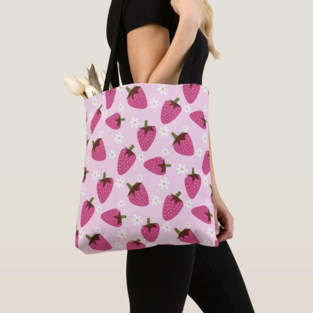 Bolsa Tote Morangos Disies Padrão Floral Girly Pink (Criador carregado)