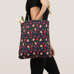 Bolsa Tote Morangos e cerejas sobre fundo escuro