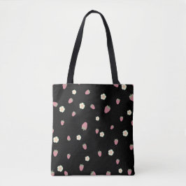 Bolsa Tote Morangos e Flores Padrão Preto