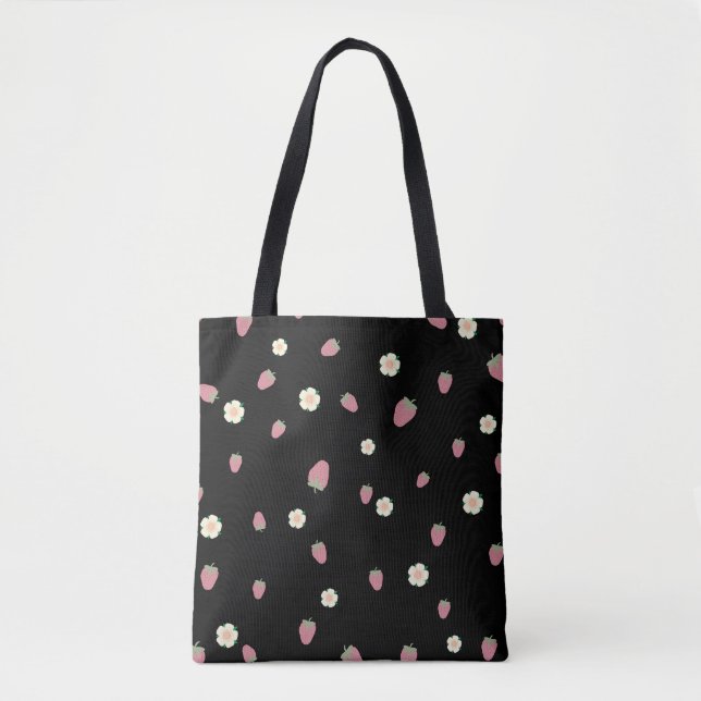 Bolsa Tote Morangos e Flores Padrão Preto (Frente)