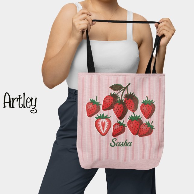 Bolsa Tote Morangos e Listras com Nome Personalizado Risograp (Criador carregado)