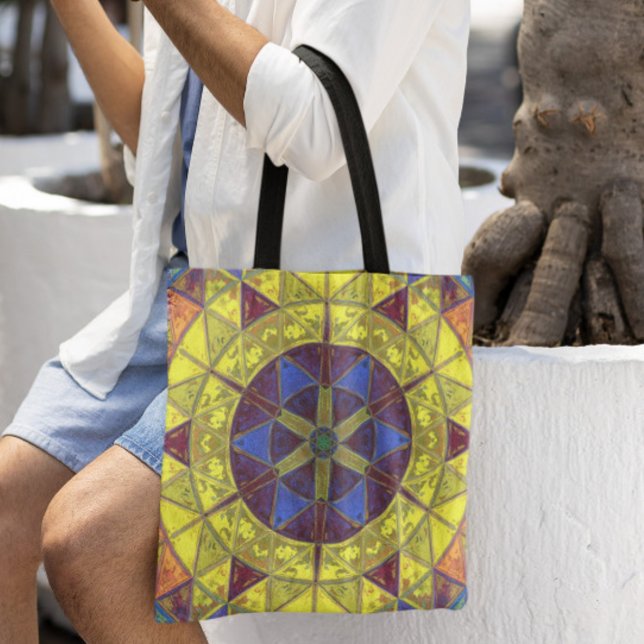 Bolsa Tote Mosaico Caleidoscópio Flor Amarelo Azul e Laranja (Criador carregado)