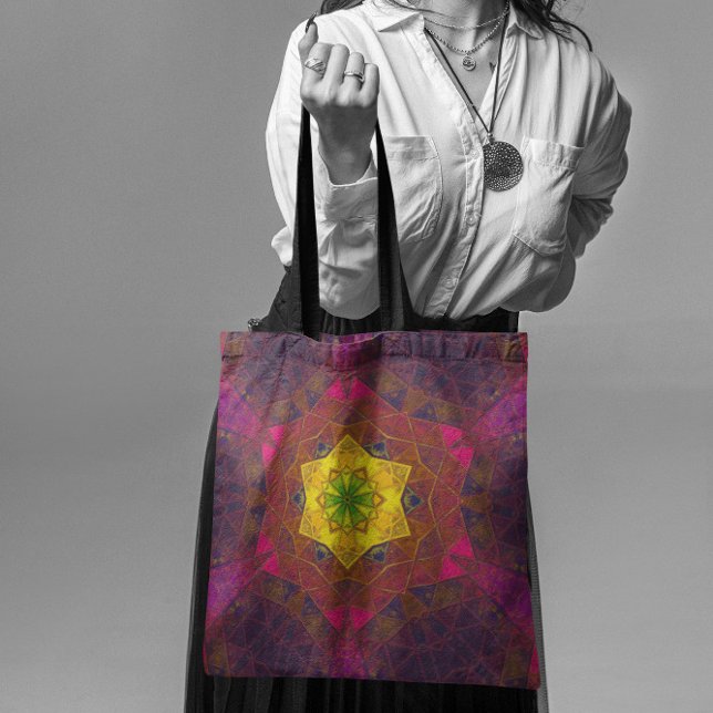 Bolsa Tote Mosaico Caleidoscópio Flor Amarelo Roxo e Rosa (Criador carregado)