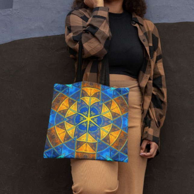 Bolsa Tote Mosaico Caleidoscópio Flor Azul e Amarelo (Criador carregado)