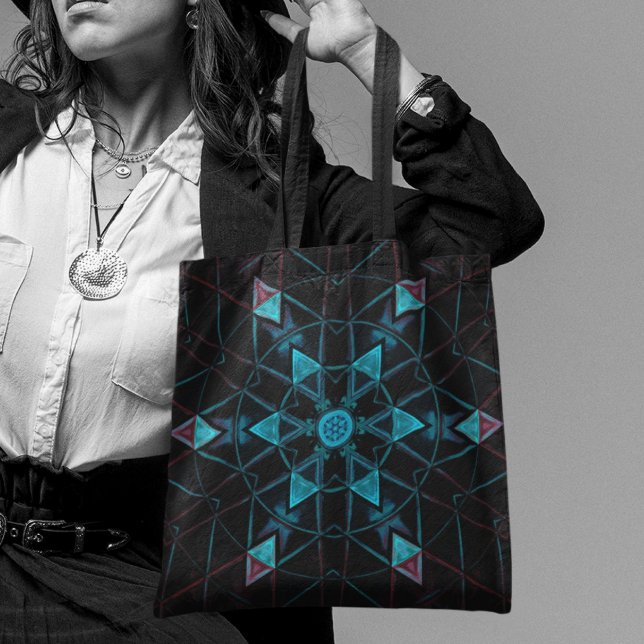 Bolsa Tote Mosaico Caleidoscópio Flor Azul e Preto (Criador carregado)