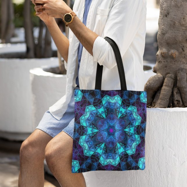 Bolsa Tote Mosaico Caleidoscópio Flor Azul e Púrpura (Criador carregado)